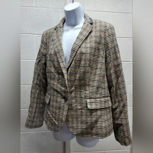 Talbots Women's Gray Blue Beige Pink Houndstooth Blazer Petites Size 14P Wool
